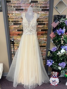 Annabelle Champagne and Ivory Beaded Lace Tulle Informal Bridal Gown